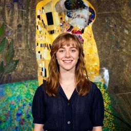 a portrait of female asa Butterfield mixed with pam beesly, smiling, surrounded by plants, by gustav klimt