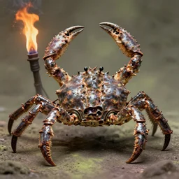 airbrush macro horseshoe crab | viscera as god |, carapace rusted chrome chaos in dystopic armor, chris foss, enric torres, alberto bontempi, feng zu hyper realism, torch light, muted horror of puce lime colors, epic, hyper detailed, awe inspiring, award winning horror, torch lighting, hyper realism, cinematical