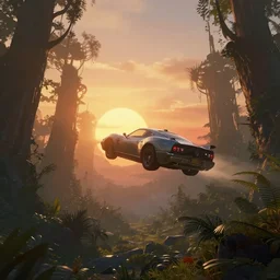 flying car in futuristic spiritual mystical post apocalyptic forest by ron gilbert, dim painterly volumetric aquatic sunset lighting, beautiful, crisp, artstation, highly detailed
