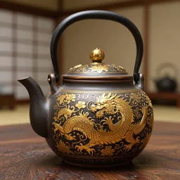 full view of an ancient japanese ceramic teapot, micro detail, ( ( ( ( ( ( intricate ) ) ) gold details ) ) ), photorealism, canon 5 d, japanese house background
