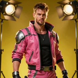 cyberpunk photorealistic character, tech wear outfit, wearables, actor, dramatic arts, theater, handsome, similar to chris hemsworth, pink and yellow, edgy, piercing, awe inspiring, artstation hd, 8 k, detailed, intricate, ornate, studio lights, golden ratio, masterpiece