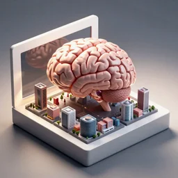 isometric view polaroid of an anatomically correct brain city by moebius