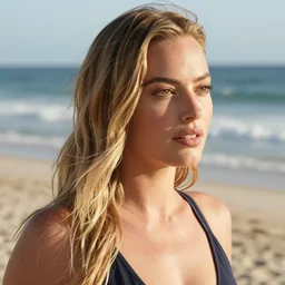 Margot robbie on the beach, 8k , super detailed