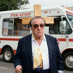 realistic still of portrait of cross between danny devito and an ice cream truck, biomorphic, hybrid, 8 k, 8 5 mm, f. 1 4, beautiful composition,