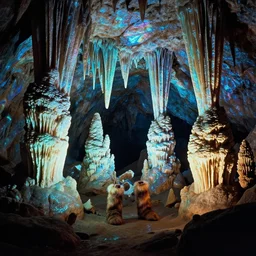 neon glowing holographic cave with a ton of large stalagtites and stalagmites photorealistic 1 9 8 2 filmic with a barbarian wearing a pair of furry boots in the middle of the cave