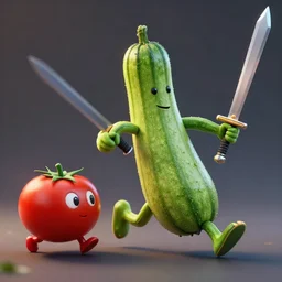 detailed 3 d render of a bad zucchini character with arms and legs and a long sword!! chasing after a tomato character, hyper realistic octane render, cinematic lighting, pixar surrealism