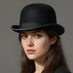 portrait of a woman wearing a bowler hat, digital art, realistic lighting and shadows, subsurface scattering.