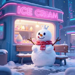 beautiful hyperdetailed digital painting of a snowman sitting on a bench outside a futuristic neon cyberpunk ice cream store, cyberpunk city in background, night time, stunning lighting, dreamy, global illumination, octane render, trending on artstation, unreal engine 5, 4 k
