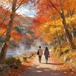 a walk through autumn leaves in the mitarai valley and dorogawa onsen, nara, japan. volumetric lighting, autumn, late morning, sunny weather, few clouds, realistic illustration, perfectly shaded, soft painting, art by krenz cushart and wenjun lin