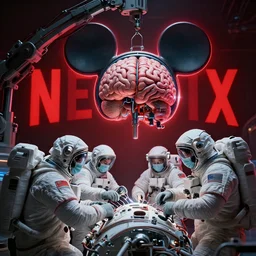 graphic art of dystopian futuristic mechanic surgeons astronauts, operate on a mickeymouse!!!!!!!!!!!!!!!!!!!!!!!!!!!!!!!!!!!!!!!! head float brain exposed, held by a crane. ominous glowing red netflix!!! logo in the background, trending