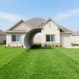 photo of a suburban house inside an underground tunnel, fake grass, fake sky, fake windows
