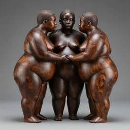 ebony wood sculpture of three fat androgynous black people loving each other