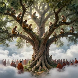 monkeys climb a giant tree, intricate details, finger branches, backlit, clouds, a crowd of robed worshipers, concept art, by greg rutkowski