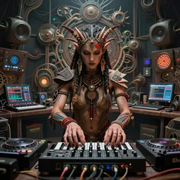 a centered photo of a post apocalyptic tribal cyborg dj tweaking and playing synthesizers in the most complicated fractal and technical musical studio, powerful, cinematic, beautifully lit, by donato giancola, by artgerm, by karol bak, 3 d, perfect face and body, trending on artstation, octane render, 8 k