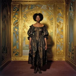 a black girl in a gold haunted liminal room, vintage photo by goya, idea by balthus, colors by pontormo, lights by hopper, extreme detail, liminal aesthetic, background art nouveau,