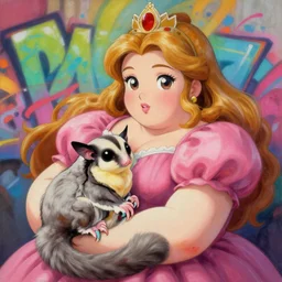 beautiful anime painting of fat princess and her fat fluffy sugar glider chilling, by gaston bussiere, j. c. leyendecker, craig mullins. trending on artstation, 8 k, masterpiece, graffiti paint, fine detail, full of color, intricate detail, golden ratio illustration, face enhance, sugar glider