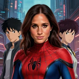 a film still portrait of a meghan markle in a spider man costume in a cyberpunk city, finely detailed features, closeup at the faces, perfect art, at an ancient city, gapmoe yandere grimdark, trending on pixiv fanbox, painted by greg rutkowski makoto shinkai takashi takeuchi studio ghibli, akihiko yoshida, 4 k