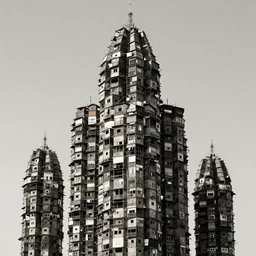 giant towers made up of makeshift squatter shacks, mamiya, uniform plain sky, fine details, minimalist, photographed by gursky