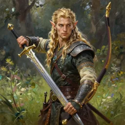 a beautiful portrait of an epic fantasy style mystical forest elf man with long blond hair holding a epic elven sword and a dagger with a bow strapped across his chest in the midst of a grassy meadow, oil painting, Greg Rutkowski, Charlie Bowater, swordsman, unreal 5, DAZ, hyperrealistic, octane render, RPG portrait, dynamic lighting, fantasy art, beautiful face