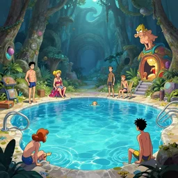 photo cartoon illustration comics manga painting of swimming poolenvironement : 6 fantasy environement, digital painting, unreal engine, 8 k, volumetric lighting, contrast by john kirby by carl warner and jim woodring, trending on artstation