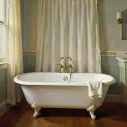 a painting of a romantic 1 9 5 0's bathroom, an antique white clawfoot bathtub, curtains, towels, wooden floor, strong lighting from the left, by jeremy lipking, kroyer, ron hicks, joseph todorovitch