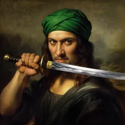 An oil painting of a handsome man in a green turban biting the hilt of a samurai sword, looking wickedly at the viewer, by Leonardo da Vinci