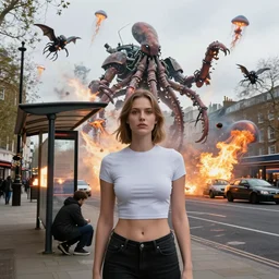 2 0 2 2 perfect tight crop colour street level portrait photograph in east london. a hundred flying armoured gargantuan giant mechanised squids, bombarding the area with flaming jellyfish attacks. a man is cowering beneath a bus shelter