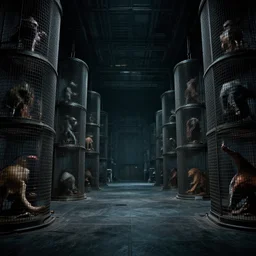 huge very dark empty cargo hall of space station futuristic cages with strange animals ultra detailed filmstill monster movie dark grainy - w 7 6 8