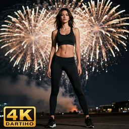 photo of strong model, perfect stomach, age 2 8, ( female ), fireworks, full body view, 4 k
