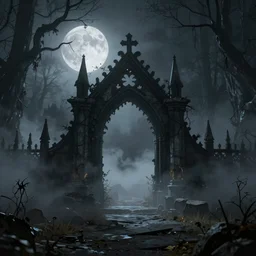 dusky secret gateway on a spooky biome, foggs, full moon, behance, artstation, unreal render, unreal engine 5, octane, smooth, 8k