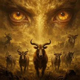 epic professional digital art of hungry eyes, ambient golden light, painted, mysterious, cinematic terrifying prairie animals scene, eerie, mythic, detailed, intricate, grand, leesha hannigan, wayne haag, reyna rochin, ignacio fernandez rios, mark ryden, van herpen, artstation, cgsociety, epic, stunning, gorgeous, wow wow detail