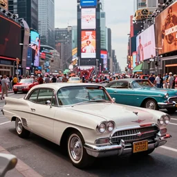 vintage cadillacs and cars in times square in the 1 9 7 0 s, grand theft auto style, photorealistic hyperdetailed 3 d matte painting,, hyperrealistic, cinematic, unrealengine octane render,