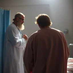 god appearing to a man in hospital, from back, professional photography, studio light, 1 5 0 mm