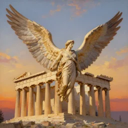 the Parthenon with wings on its sides, flapping its wings flying in sunset sky, oil on canvas, intricate, 8k highly professionally detailed, HDR, CGsociety