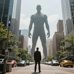 I can see a giant in the big city. beautiful, realistic, 4K