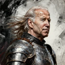 Yoshitaka Amano realistic illustration of joe biden ,hair fluttering in the wind, cracks on his face wearing Elden ring armour with engraving, abstract black and white patterns on the background, noisy film grain effect, highly detailed, Renaissance oil painting, weird portrait angle, blurred lost edges, three quarter view