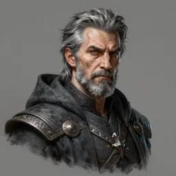 Hyperdetailed masterpiece concept art of a half body portrait of a powerful mage, 67, short grayed hair, a strong face with grey stubble. serious by nature with unparalleled wits, hyperdetailed concept art by Ross Tran, high quality DnD illustration, trending on ArtStation
