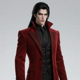 a pale vampire, male, mid - 3 0 s, long black hair, clean shaven, dressed formally in red and black, high fantasy, realistic, classy, highly detailed, concept art, smooth, sharp focus, unreal engine 5, 8 k.