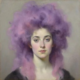 a detailed portrait of a lady with extravagant hair by edouard bisson, purple and pink hair, oil painting, muted colours, soft lighting