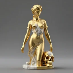 cinema 4d simulation in the shape of a half gold half marble statue of a beautiful woman and a skull, trending on artstation