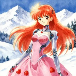 cyborg princess at the snowy strawberry mountains. watercolor by moebius, clamp and arina tanemura, backlighting, vibrant palette.