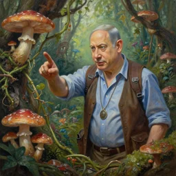 insanely detailed painting of benjamin netanyahu as an explorer, exploring a strange forbidden garden of fungi and vines, depth of field, natural lighting, benjamin netanyahu, by gediminas pranckevicius
