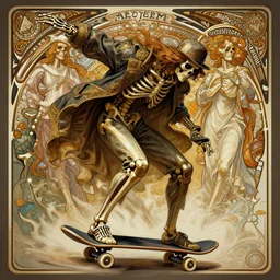 a skeleton fashion model, riding a skateboard, full body pose, historical, intricate, highly detailed, dynamic lighting, digital art, digital painting, artstation, wlop, sharp focus, illustration, art by artgerm and greg rutkowski and alphonse mucha