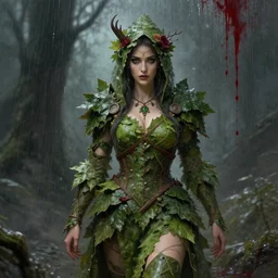 beautiful ancient witch in makeshift leaf armor, blood rain on background, highly detailed, digital painting, artstation, sharp focus, illustration, art by tan zi and ayanamikodon and alphonse mucha and wlop