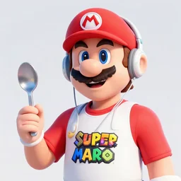 a portait of happy young man holding a spoon while listening to music, logo, high detail, in a style of super mario galaxy