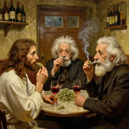 a closeup painting of jesus christ, einstein, darwin, they are meeting together in an after small comfy cozy empty pub that is filled with wine, door and a window, they are all meeting on a tabletop, smoking weed and drinking wine, photorealism, hyperdetailed, volumetric lightening, octane render, award winning, by alphonse mucha