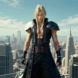 portrait Sephiroth wearing a balrog costume head eyes with shredded physique stands atop a skyscraper norman rockwell brad rigney winslow homer greg rutkowski