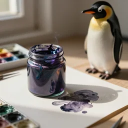 airbrush of sealed jar of swirling ink shimmering on a desk near a penguin, dramatic afternoon lighting, intense watercolor, heavy metal, tilt shift, by moebius