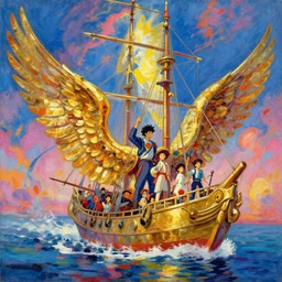 the golden wing ship is passing my way fantastic characters in the scene, epic cyberpunk, lofi vibe, colorful, vivide colors, amazing light, really beautiful nature, oil painting, by jeremy lipkin, by claude monet, by makoto shinkai, kandinsky touches, multiple brush strokes, inspired by ghibli, masterpiece, beautiful