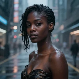vfx beautiful black woman photo real, sci-fi city street night lighting, rain and fog by Emmanuel Lubezki